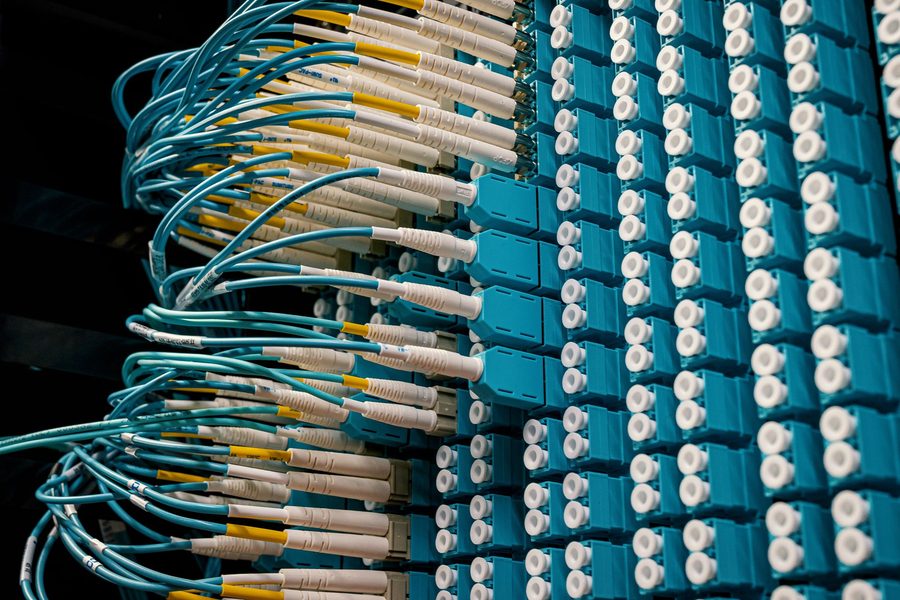 Fibre patch cables on a patch panel
