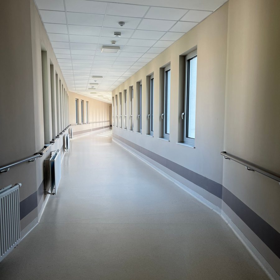 Hospital corridor with large windows